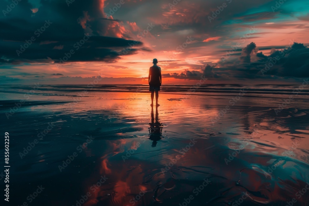 Sticker Individual standing on sandy beach, facing ocean, under colorful sunset sky, A solitary figure standing on a beach at sunset