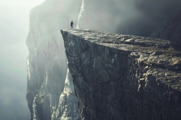A person stands at the cliffs edge, overlooking the vast landscape below, A solitary figure standing at the edge of a cliff, staring into the abyss