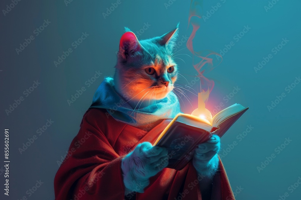 Poster a cat is sitting on a table reading a book