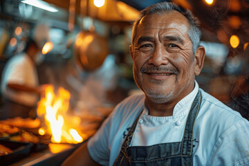 Fototapeta premium Experienced Chef in a Lively Evening Kitchen