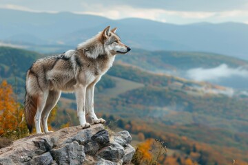 A lone wolf standing confidently on a rocky mountain summit, A solitary wolf standing proudly on a rocky cliff overlooking a valley © Iftikhar alam