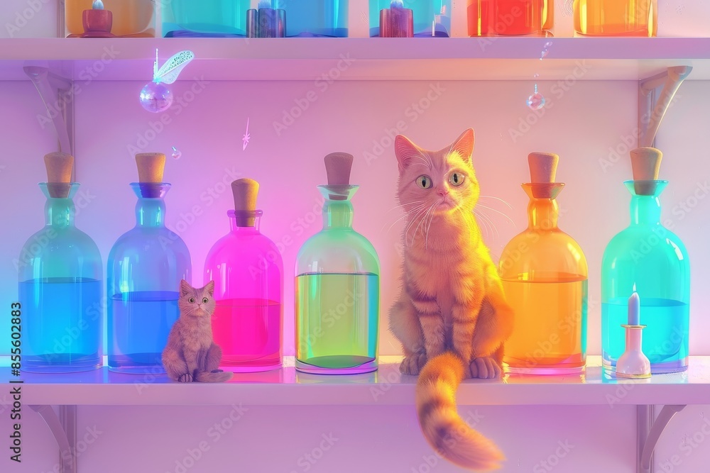 Poster a cat sits on a shelf next to a row of colorful bottles