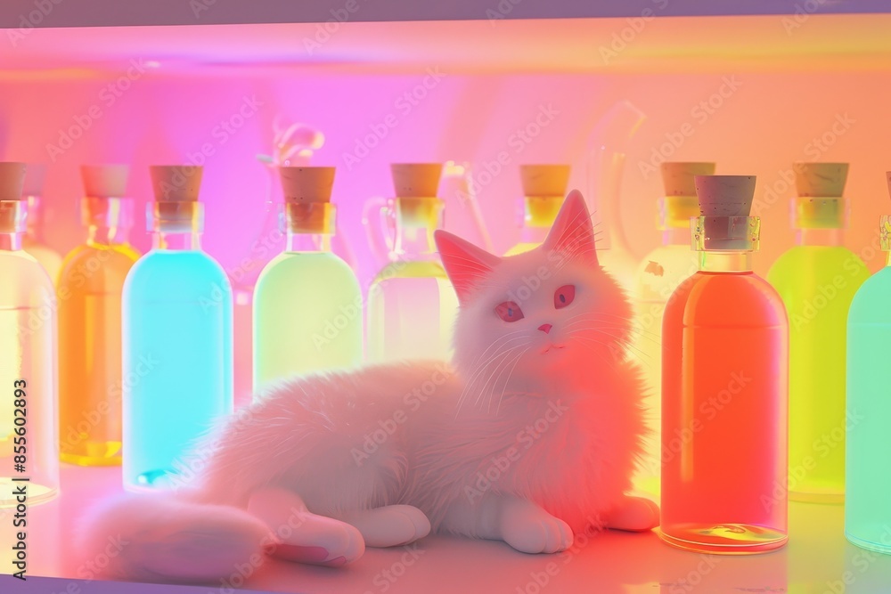 Poster a white cat is laying on a shelf next to a row of colorful bottles