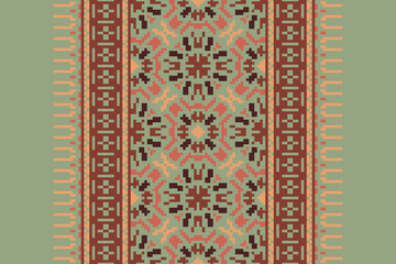 Seamless pattern in patchwork style. Embroidered print for carpet, textile, wallpaper, wrapping paper. Ethnic and tribal motifs. Handwork. Vector illustration.