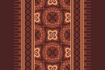 Seamless pattern in patchwork style. Embroidered print for carpet, textile, wallpaper, wrapping paper. Ethnic and tribal motifs. Handwork. Vector illustration.