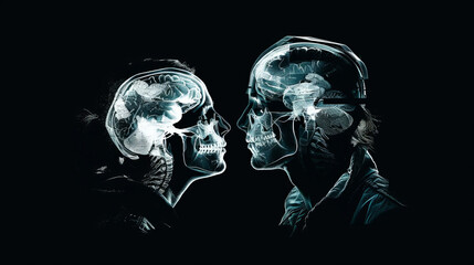 Two people facing each other under  x-ray vision 