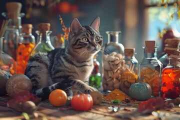A cat is standing in front of a table full of bottles and jars