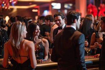 Dressed in cocktail attire, a sophisticated crowd congregates around a bar, engaged in conversation and enjoying drinks, A sophisticated crowd dressed in cocktail attire mingling in the casino lounge