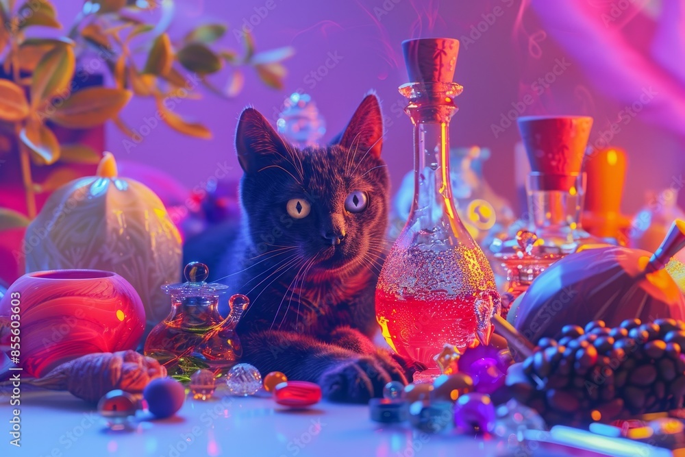 Poster a cat is standing in front of a table full of bottles and jars