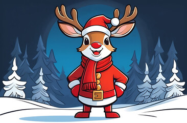 Cartoon illustration, funny deer in Santa Claus costume and hat stands in winter forest among trees and snow, Christmas or New Year banner, poster with an image of an animal, design for greeting card
