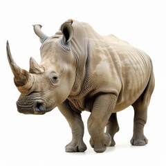 Obraz premium A majestic rhinoceros stands strong and alone, isolated on a white background, showcasing its powerful presence and unique features