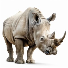 Obraz premium A majestic rhinoceros stands strong and alone, isolated on a white background, showcasing its powerful presence and unique features