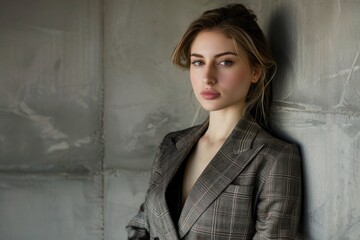 Fototapeta premium A woman in a suit leaning against a wall, exuding confidence and style, A sophisticated and stylish business woman in a sleek power suit