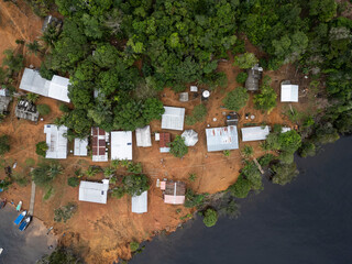 Beautiful aerial view to small amazon riverside community