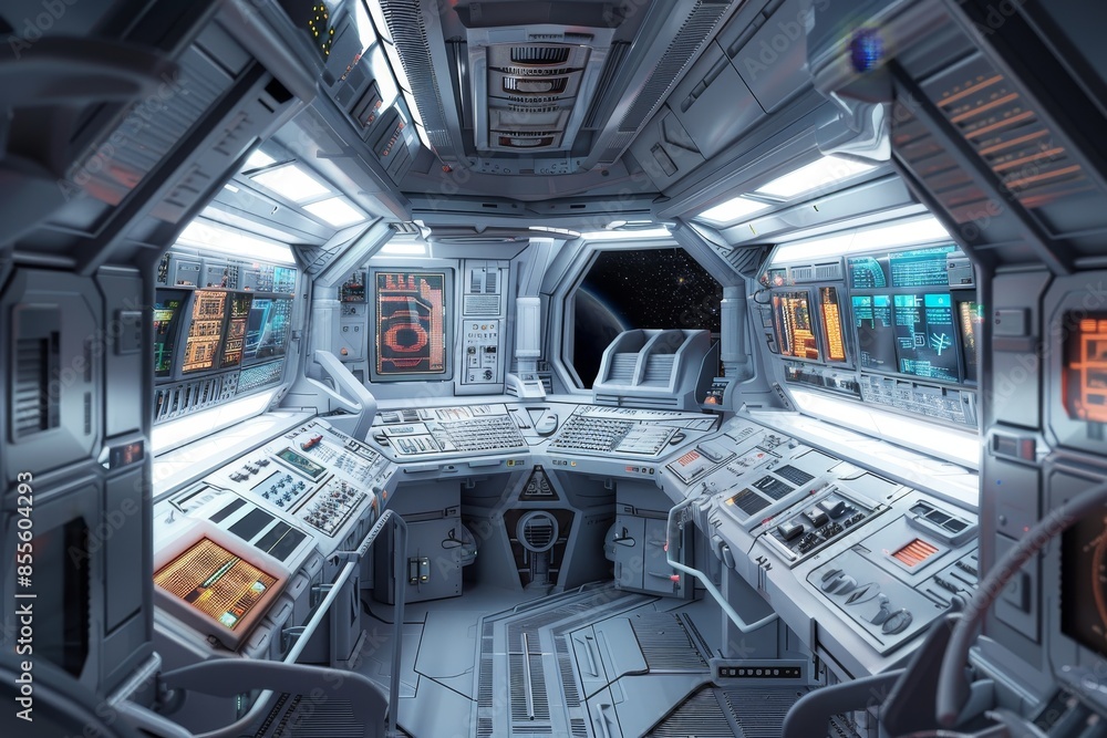 Aufkleber artists depiction of a high-tech space station with advanced control panels and futuristic architect