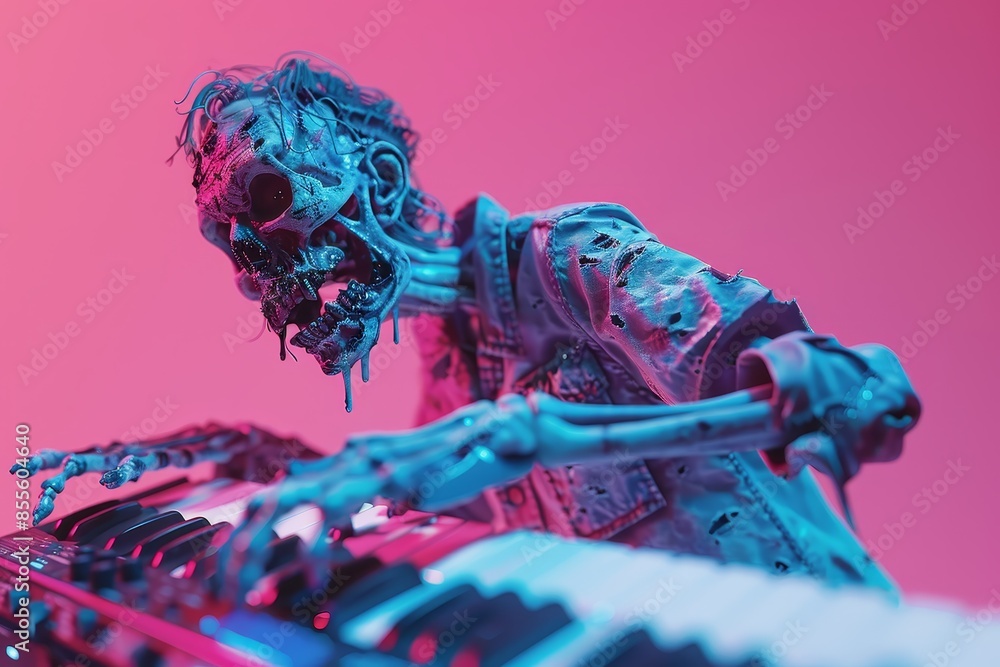 Poster a skeleton is playing a keyboard with a blue background