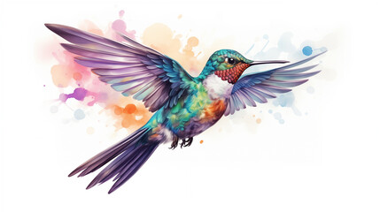 Fototapeta premium Watercolor illustration of Hummingbird in flight against white background, showcasing its vibrant iridescent feathers and rapid wing movement.