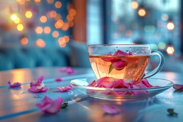 Rose tea in a transparent teacup with a geometric pattern in the background, rose tea, modern geometry.