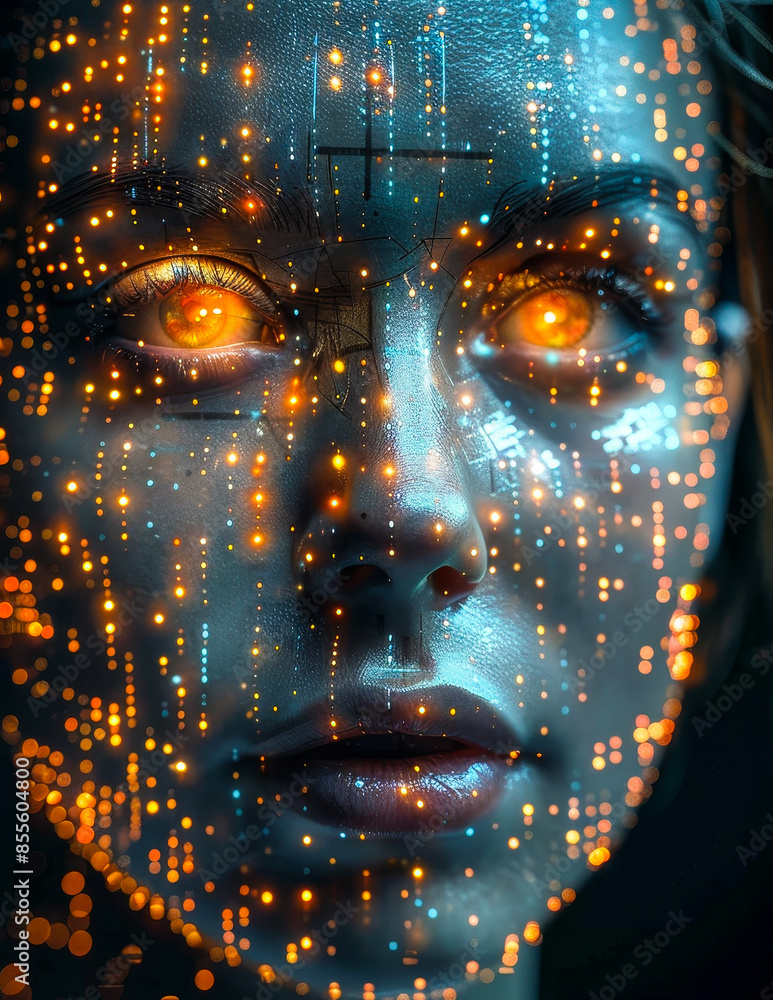 Poster human-ai fusion: dynamic face with glowing orange tech elements, emotional expression and advanced t