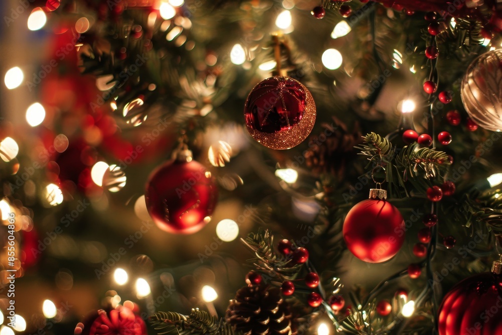Poster close-up view of a christmas tree adorned with twinkling lights creating a festive ambiance, a spark