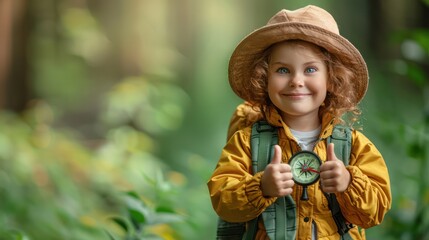 Obraz premium A cute little explorer holding a compass, showing a thumbs-up, on a green background. Copy space for text.