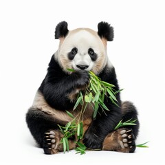 A cute panda bear sitting and peacefully eating bamboo, isolated on a white background