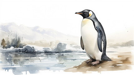 Fototapeta premium Watercolor illustration of a Penguin standing by the ocean with blur natural background.