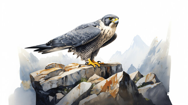 Watercolor illustration of a Peregrine falcon with sharp eyes, black and white plumage, perched on a stone against blurred background.