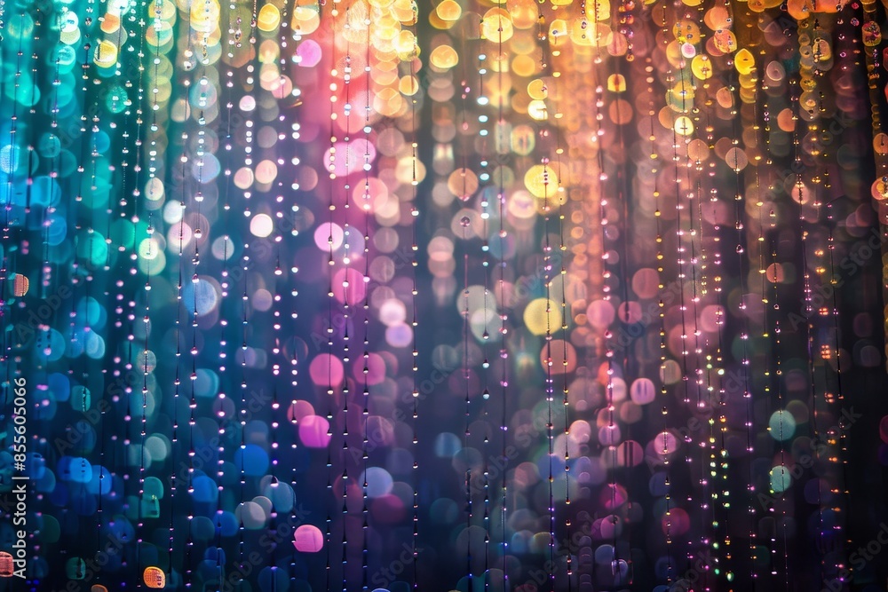 Poster group of vibrant multicolored lights hanging from a ceiling, creating a sparkling and colorful displ