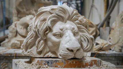 Naklejka premium Clay sculpture of lion head on workbench surrounded by sculpting tools and debris.