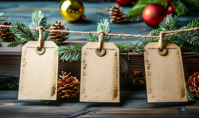 Rustic Christmas Paper Tags on Wooden Background with Pine Cones and Holiday Decorations