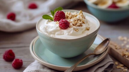 Bowl of yogurt with granola, raspberries, and mint leaves on ceramic plate.