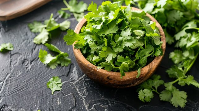 Fresh cilantro leaves in a wooden bowl on dark textured background.
