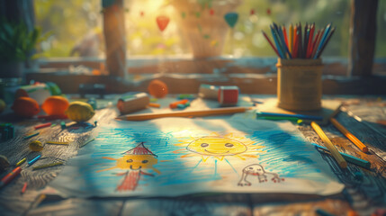 Children's drawing with colored pencils depicting children's learning