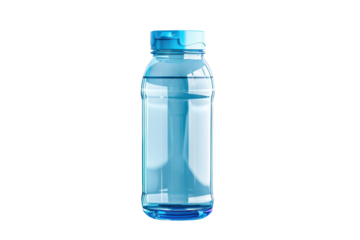 A clear and empty plastic water bottle with a blue cap, perfect for hydration, health, and fitness purposes. Isolated on a white background.