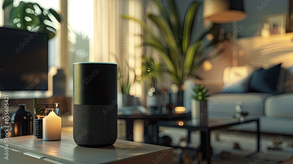 Aufkleber A modern, sleek voice assistant device sits on a table in a stylish living room, ready to interact with users. Generative AI