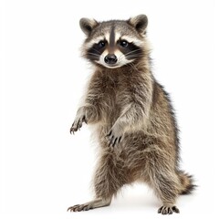 Fototapeta premium A cute raccoon standing upright on its hind legs, isolated on a white background Playful and curious, this furry mammal is known for its distinctive facial markings and bushy tail