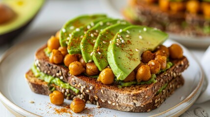 Roasted Chickpea Avocado Toast. Avocado toast with chickpeas and cherry tomatoes on a grey plate