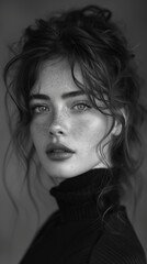 Artistic black and white portrait of a Nordic lady with striking features, nordic beauty, timeless elegance.