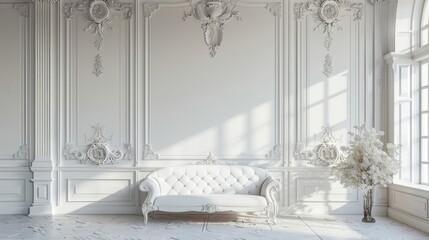 White vintage sofa and bouquet in luxurious classic interior with ornate wall panels