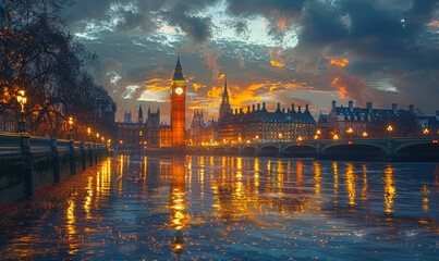 Obraz premium Big Ben and Westminster Bridge at Night with Reflections on the Thames River, London, Cityscape, and Illuminated Architecture