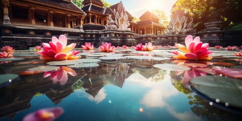 Fototapeta premium Single orange flower with water droplets in a pond. Macro shot photography.