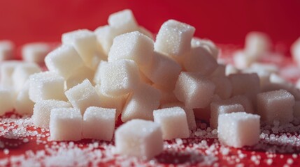 Pile of White Sugar Cubes on Vibrant Red Background