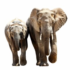 Fototapeta premium Two majestic elephants walking gracefully side by side in a natural setting, isolated on a white background