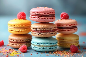 A colorful assortment of macarons stacked in a pyramid, with flavors like pistachio, raspberry, and lemon. 