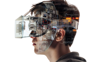 Person wearing advanced virtual reality headset with digital interface overlay, showcasing cutting-edge technology and immersive experience.