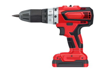 Red cordless power drill with black accents on a white background, ideal for construction and DIY projects.