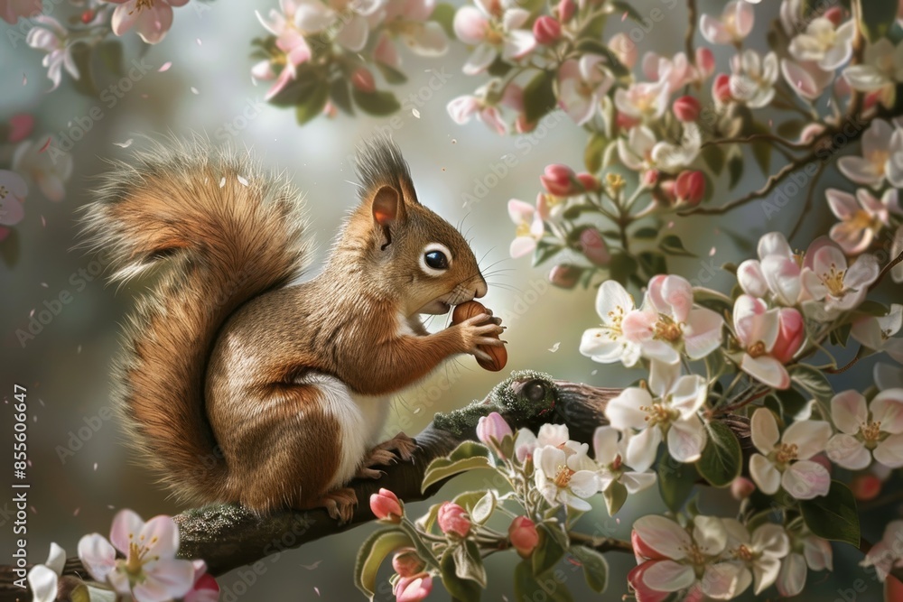 Poster a squirrel sits on a tree branch, munching on a nut it holds in its paws, a squirrel gathering nuts 