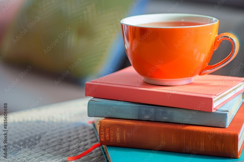 Poster a stack of books and notebooks with a cup of tea on top, a stack of books and notebooks next to a cu