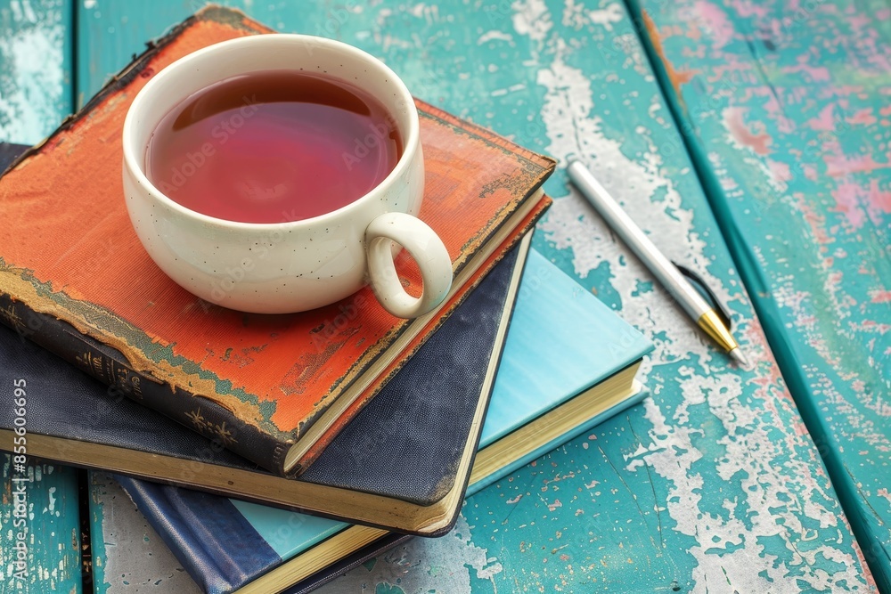 Poster a cup of tea placed on top of a stack of books and notebooks, a stack of books and notebooks next to
